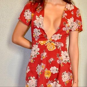 Red Floral Plunge Summer Dress